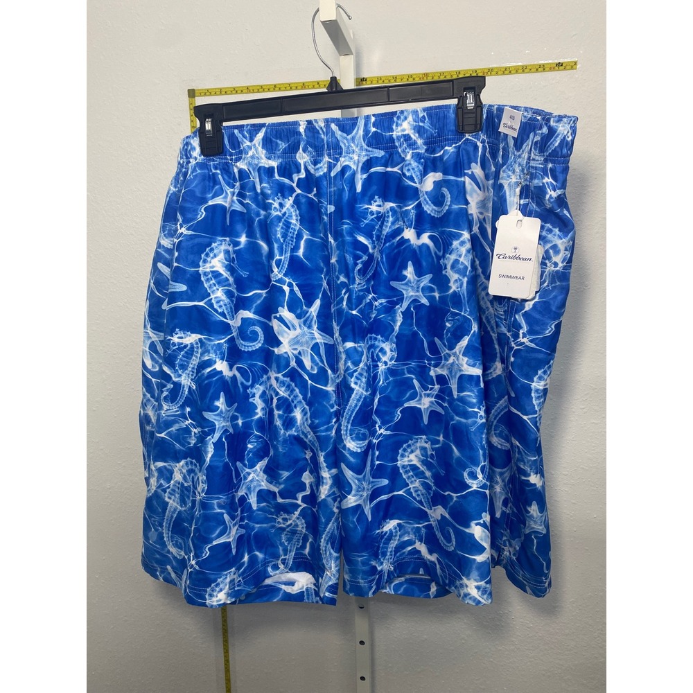 Caribbean Swimwear Men 4XB Swim Trunks Blue White Seahorse Starfish Big and Tall